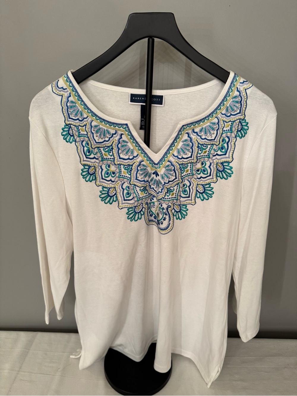 Karen Scott White Embroidered V-Neck Tunic with Blue & Green Accents